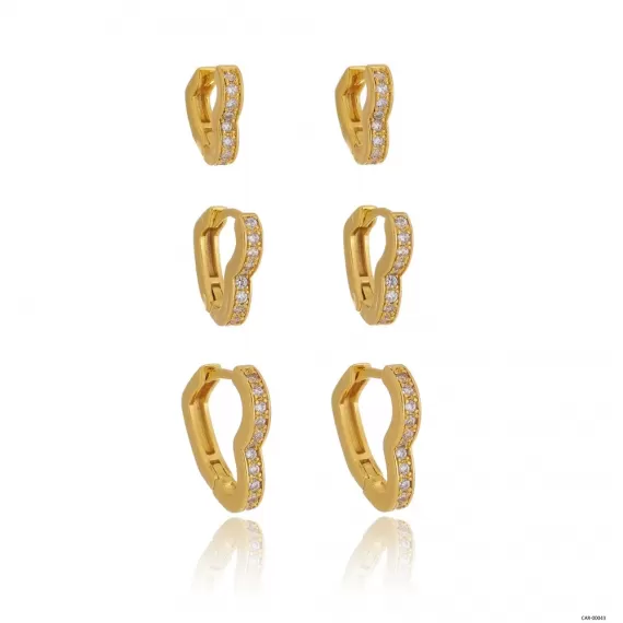 Trio de Brincos coração cravejado de zircônia - Folheado a Ouro 18k