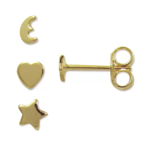 Trio de Brincos lua 4 mm, estrela 4 mm e coração 4 mm - Folheado a Ouro 18k