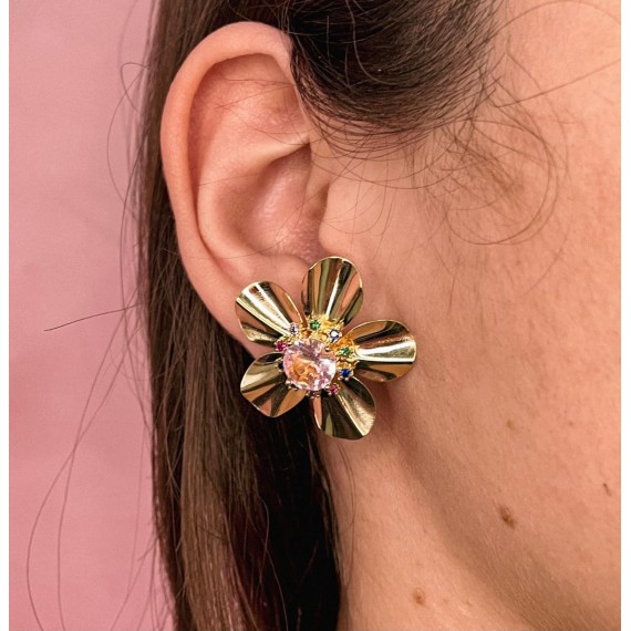 Brinco Flor com Pedra Rosa - Folheado a Ouro 18k