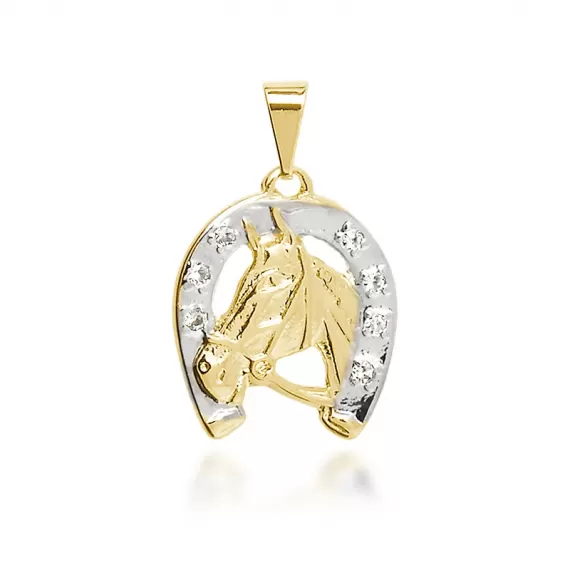 Pingente formato de cavalo com ferradura e detalhes em rodhium e strass - Folheado a Ouro 18k