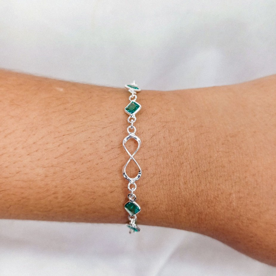 Pulseira Infinito com Pedras Verdes - Prata 950k