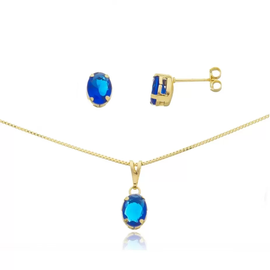 Conjunto com corrente veneziana, brinco e pingente pedra colorida - Folheado a Ouro 18k