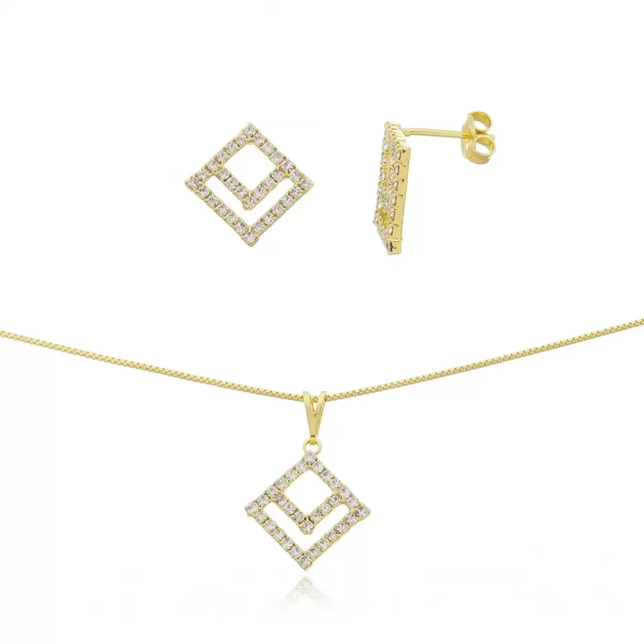 Conjunto com corrente veneziana, brinco e pingente quadrado de strass - Folheado a Ouro 18k