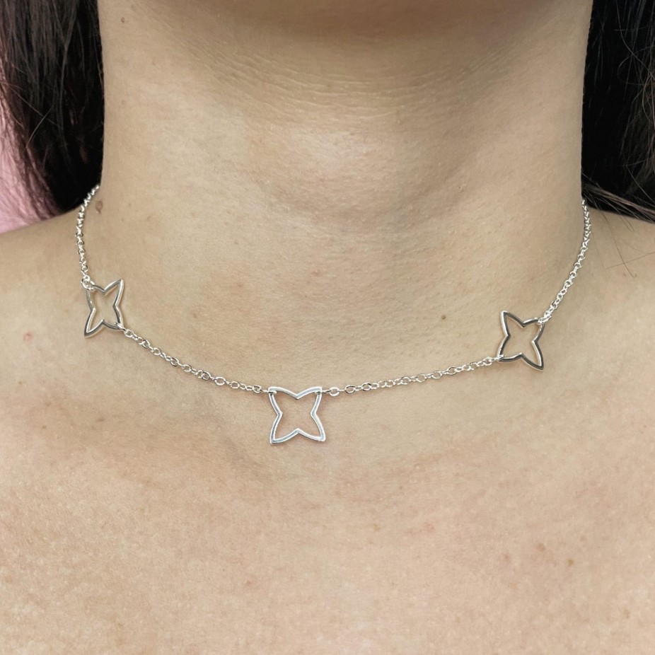 Choker com 3 estrelas intercaladas por corrente - Folheado a Prata