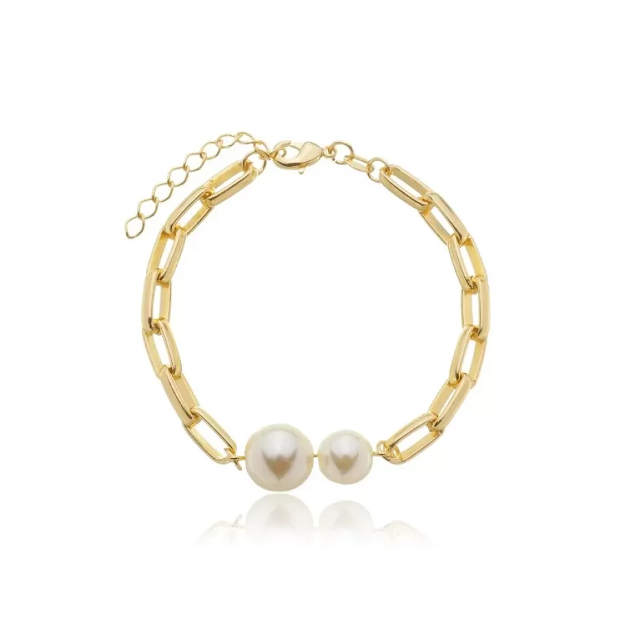 Pulseira Feminina com Corrente Cartier e 2 pérolas - Folheado a Ouro 18k