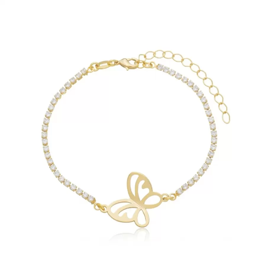 Pulseira Feminina com corrente riviera de zircônias e borloleta vazada - Folheado a Ouro 18k