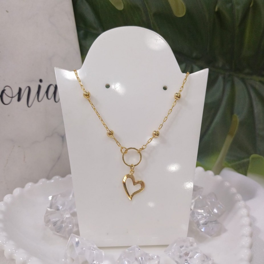 Choker Bolinhas + Coração Vazado - Folheado a Ouro 18k