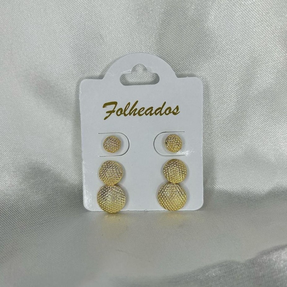 Trio de Brincos Redondos Trabalhado - Folheado a Ouro 18k